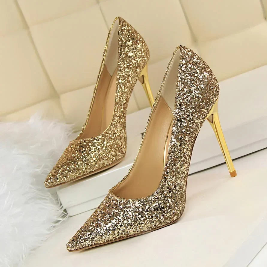 Women Luxury Bling Red  Blue Valentine Party Scarpins Pumps Lady Glitter Sequins 7cm 9.5cm High Heels Designer Shoes Plus Size
