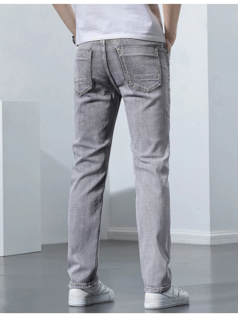 2022 Autumn Spring Fitted Straight Stretch Denim  Classic Style Badge Youth Men's Business Casual Jeans Trousers