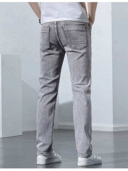 2022 Autumn Spring Fitted Straight Stretch Denim  Classic Style Badge Youth Men's Business Casual Jeans Trousers