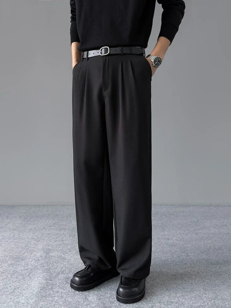 Spring New Loose Straight Pants Men Elastic Waist Double Pleats Wide Legs Casual Drape Fashionable Anti-wrinkle Trousers