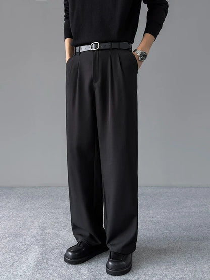 Spring New Loose Straight Pants Men Elastic Waist Double Pleats Wide Legs Casual Drape Fashionable Anti-wrinkle Trousers