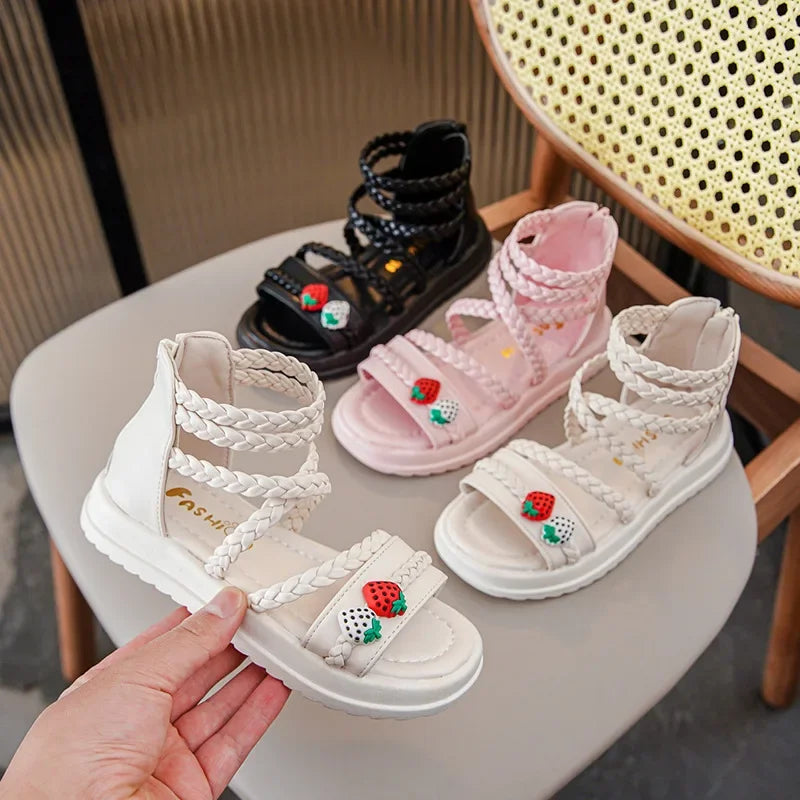 Kids Girls GLADIATOR Sandals Open Toe Knitted Strawberry Summer Non Slip Flat Fashion Children Casual Shoes Roman Shoes Simple