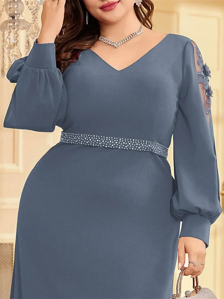 Plus Size Luxury V-Neck Red Long Sleeves Applique Formal Evening Dresses Women V-back Wedding Party Maxi Guest Gowns