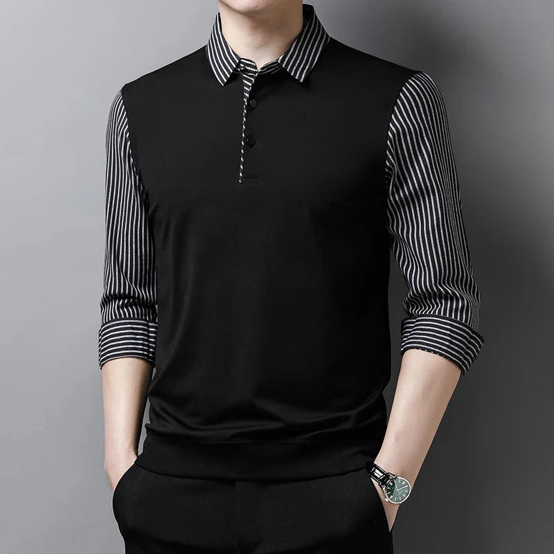 New Men's Casual and Fashionable Long Sleeved POLO Shirt with Contrasting Print Anti Wrinkle Top