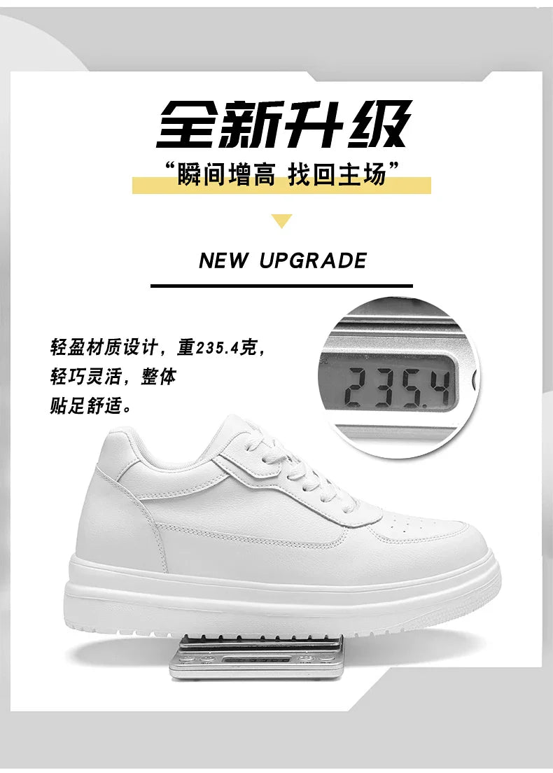 Novos sapatos masculinos invisíveis para aumentar a altura, sapatos esportivos de 6 CM-8 CM-10 CM, sapatos esportivos de couro branco para homens, tamanhos ampliados 36-46