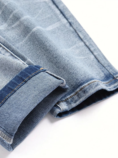 Men‘s Stretchy Denim Jeans Streetwear Tearing Patchwork Holes Ripped Denim Elastic Waist Casual Pants Slim fit Straight Trousers