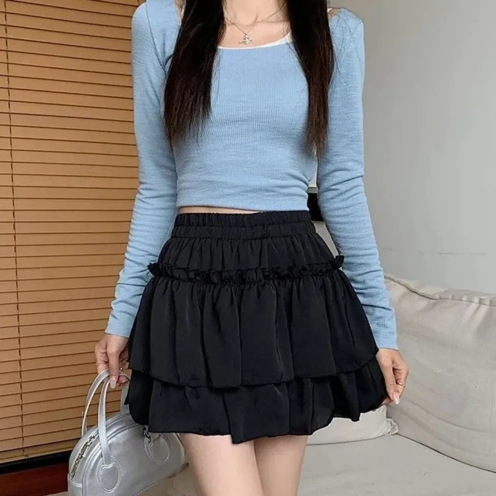 Chic Sweet Style Pleated A-Line Skirt Elegant Versatile Tiered Skirt Basic Cut High Waist Elastic Waist Skirt Summer