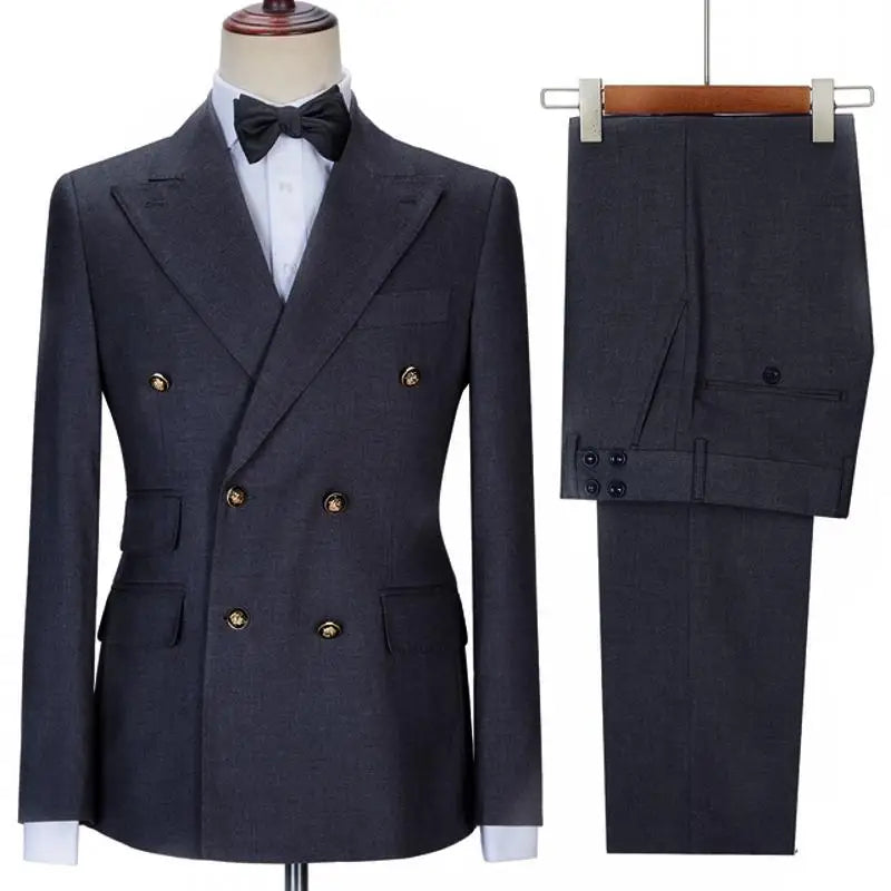 Men Suit 2 Pieces Beige Double Breasted Solid Color For Business Casual Wedding Groom Banquet Work Tuxedo Set Jacket With Pants