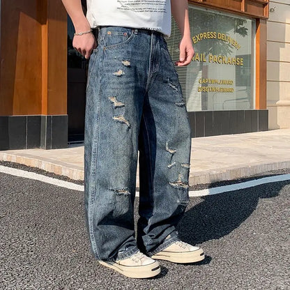 American-style distressed wide-leg jeans, loose-fitting washed and distressed straight-leg jeans, trendy brand.