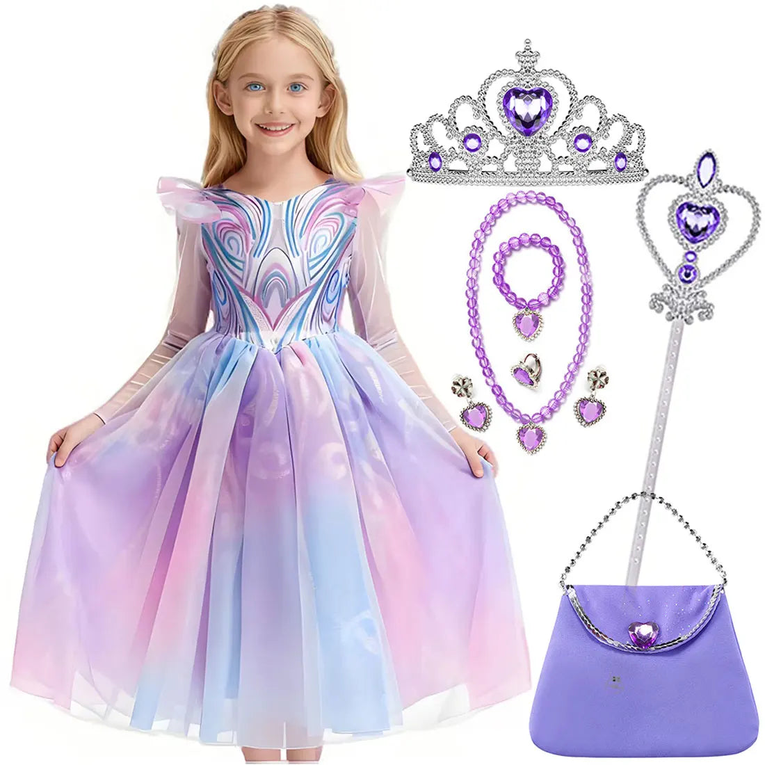 Wicked For Good‌ Girls Cosplay Purple Witch Glinda Princess Cute Dress + Accessories Birthday Party Performance Set