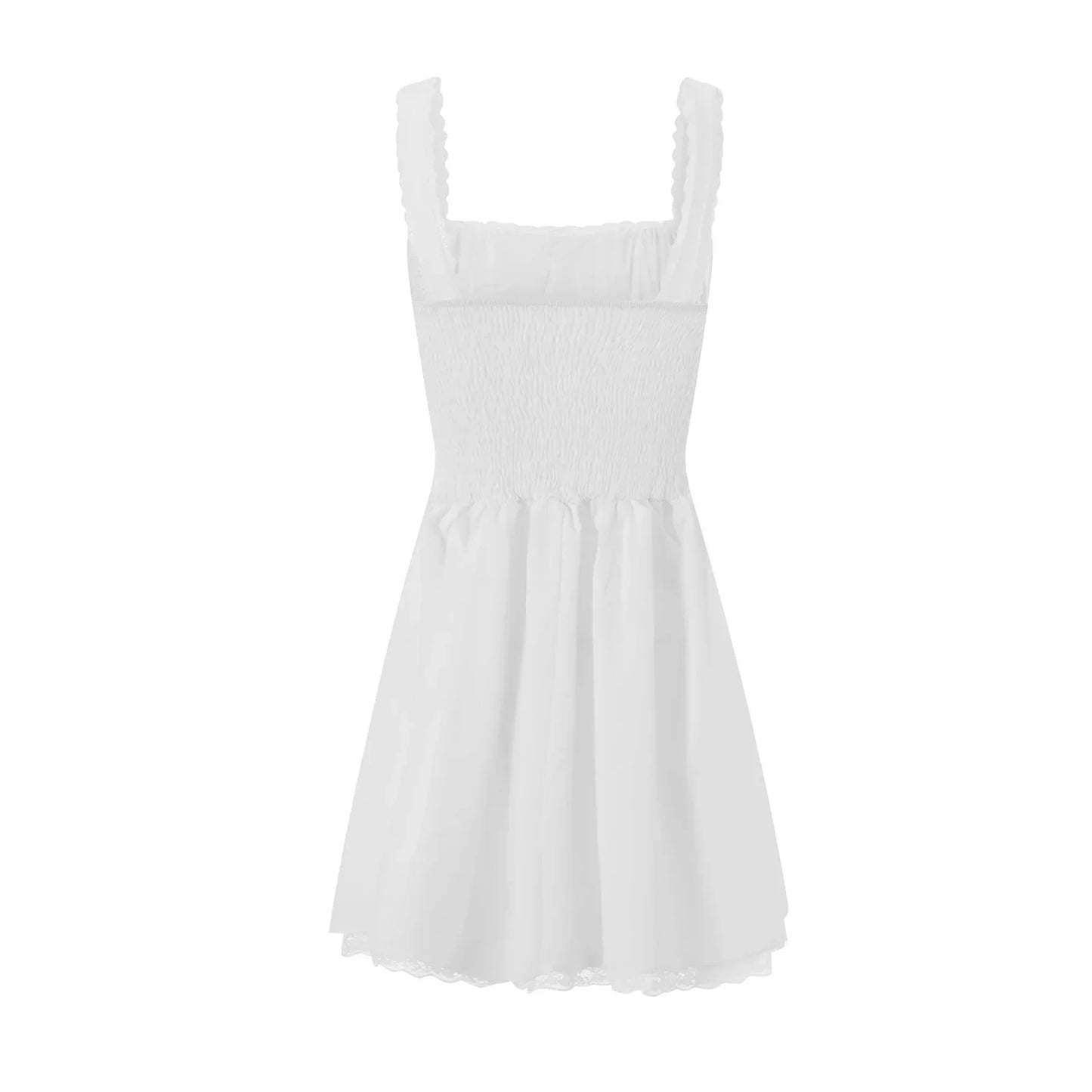 Sweet Backless Mini Dress Women Elegant Lace Hem Chest Wrap Suspenders Dresses Summer White Robes Vestidos
