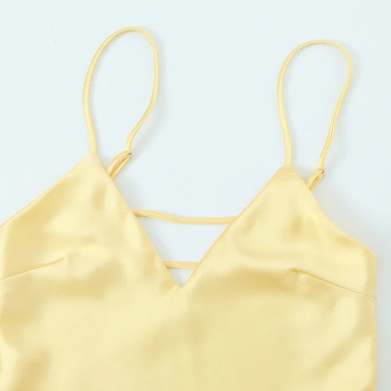 Yellow Dresses Women Satin V Neck Midi Dress Summer Backless Strap Slip Dresses Elegant Evening Party Dress 2025 Vestidos
