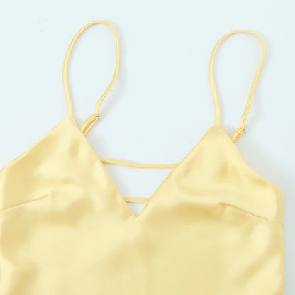Yellow Dresses Women Satin V Neck Midi Dress Summer Backless Strap Slip Dresses Elegant Evening Party Dress 2025 Vestidos