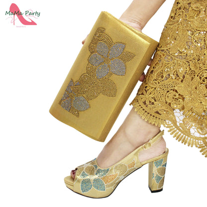 2024 Italian Design Shoes and Bag Set in Pink Color High Quality New Arrivals with Shinning Crystal for Wedding Party