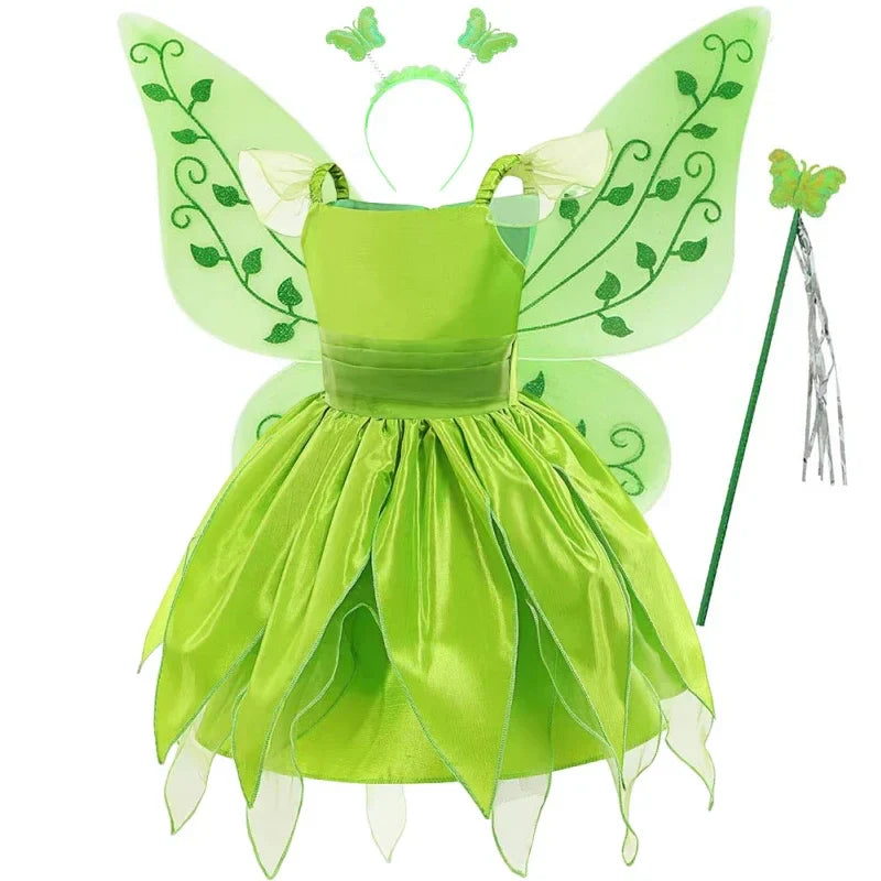 Girls Cosplay Green Fairy Tinker bell Dress Kids Princess Flower Fairy Wings Costume Party Tinkerbell Tinker Bell Dresses
