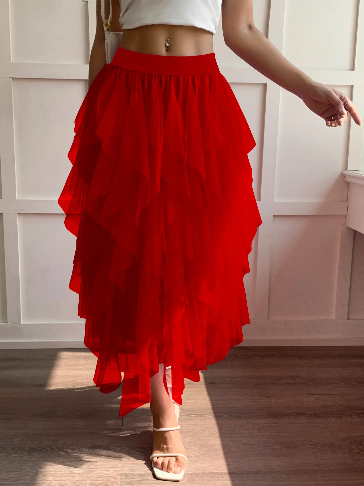 Medium waist chiffon long skirt for women, irregular layered pleated edge layered cake skirt, elegant fairy A-line skirt