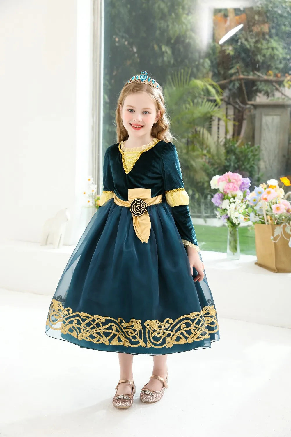 Girl Cosplay Brave the Heart Princess Merida Long Sleeves Dress Belt Set Holiday Party Carnival Party Stage Outfits Dress