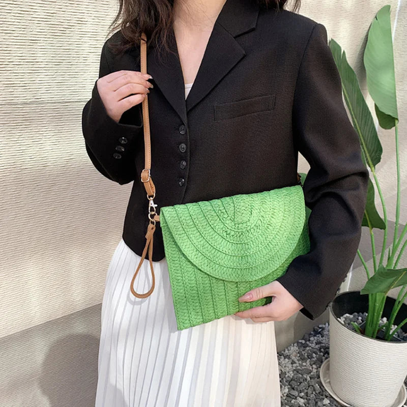 Straw Woven Shoulder Crossbody Bag Beach Clutch Handbag Casual Summer Handmade Envelope Bags for Women Totes Purse