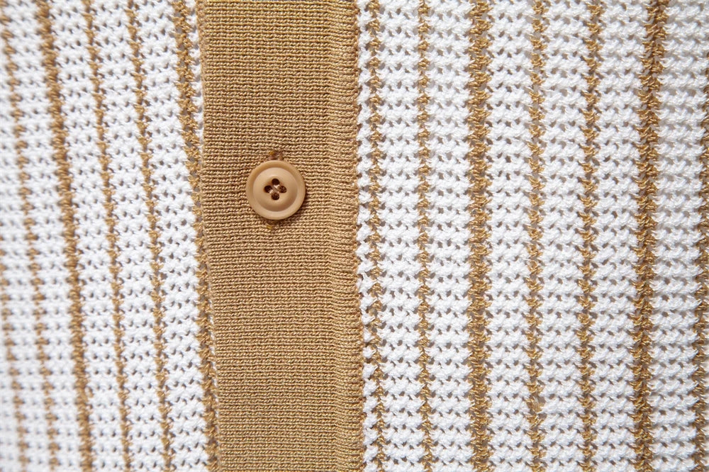 2025 Men's Striped Mesh Polo Shirt - Breathable Contrast Panel Knit Top with Turn-Down Collar