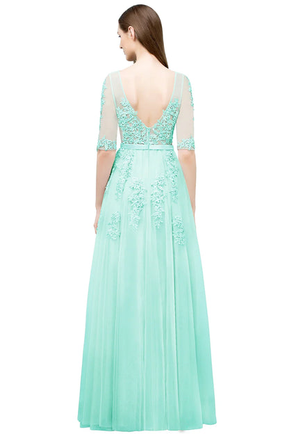 Elegant Half Sleeve Evening Dresses Lace Appliques A-Line Long Tulle Strap V-Neck Sheer Backless Prom Dress Empire Party Gowns