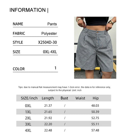 Ladies plus Size Spring Simple Casual Black White Plaid Shorts Wide Leg Pants Trousers for Women