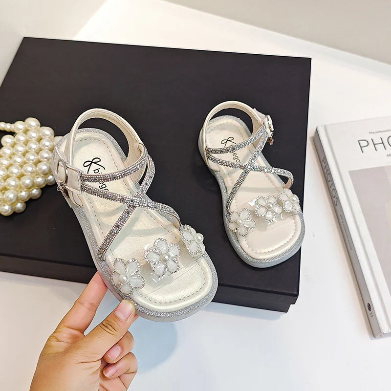 Girls Princess Sandals Children Summer Beach Shoes Soft Bottom Anti-slippery Fashion Kids Flowers Rhinestone Sandals Size 23-36