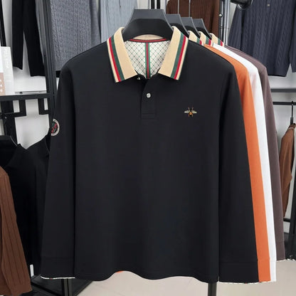 High end men's long sleeved polo shirt autumn fashion brand bee embroidery new business and casual color blocked lapel T-shirt