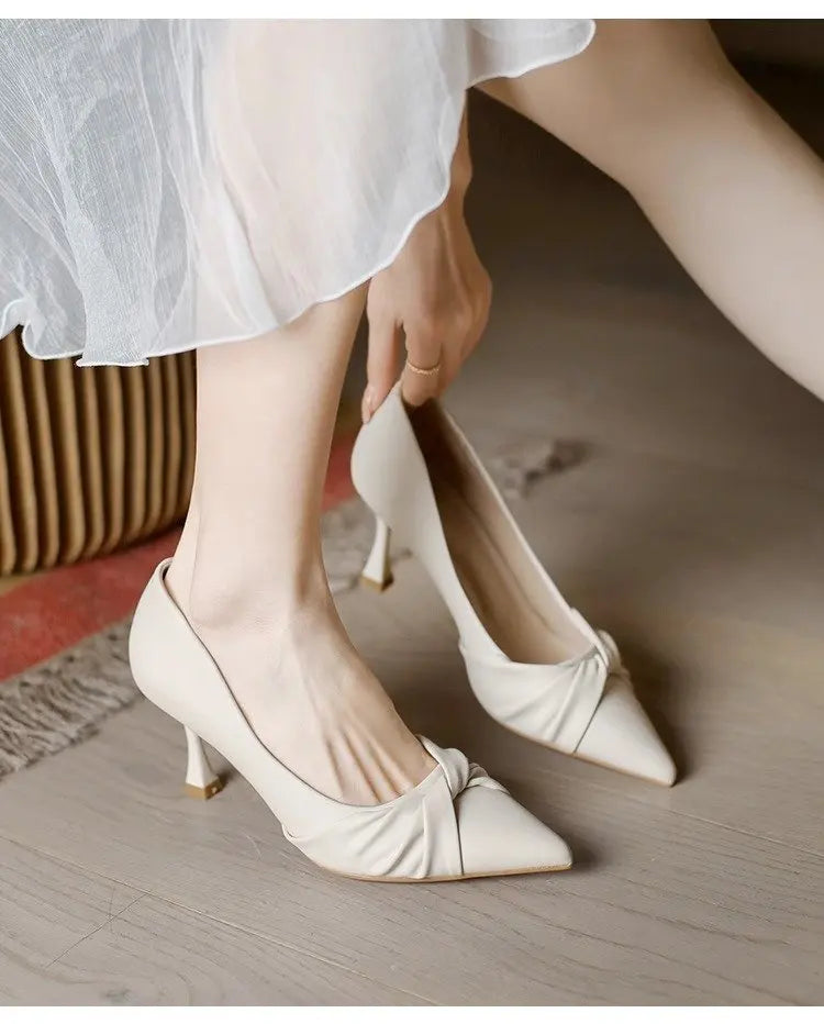 2026 New Women's Pointed Toe Stiletto Heels, Elegant Beige Ruched Pumps, Comfortable Commuter Shoes for Wedding Party Dress