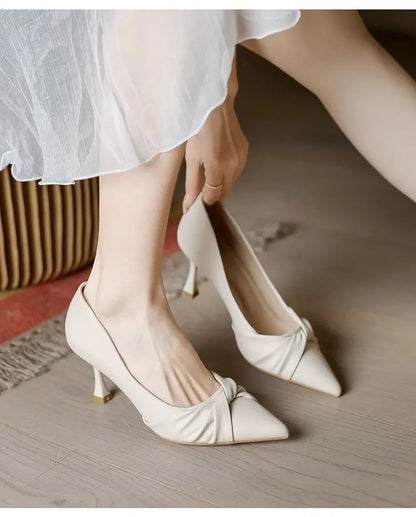 2026 New Women's Pointed Toe Stiletto Heels, Elegant Beige Ruched Pumps, Comfortable Commuter Shoes for Wedding Party Dress