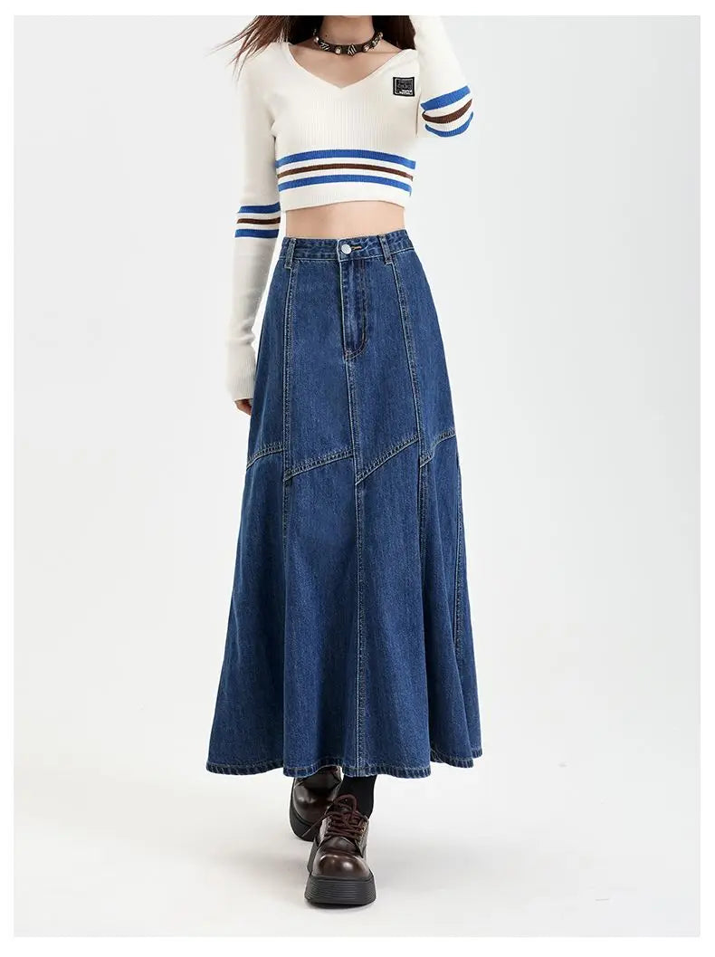 Women Blue A-line Denim Skirt Vintage Aesthetic Y2k Patchwork New Jean Skirt Harajuku Korean Cowboy Skirts 2000s Clothes Summer