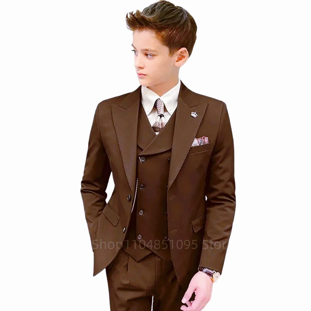 3 Piece Slim Fit Boy Fashion Suits Cutsom Flower Boy Wedding Tuxedo Prom Wedding Peak Lapel Jacket Vest Pants Set Children Suit