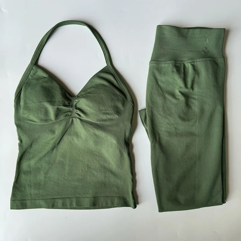2 Pieces Set Leggings Set Women Backless Tank Tops High Waist Scrunch Gym Suit Fitness Clothes Outfit Workout Yoga Set