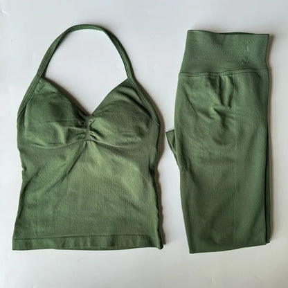 2 Pieces Set Leggings Set Women Backless Tank Tops High Waist Scrunch Gym Suit Fitness Clothes Outfit Workout Yoga Set