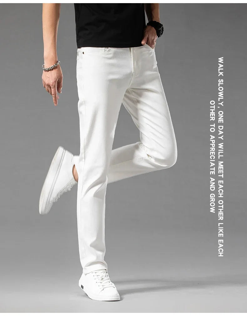 White Summer Men's Slim Jeans Classic Business Fashion High Quality Cotton Stretch Denim Pants Brand Trousers