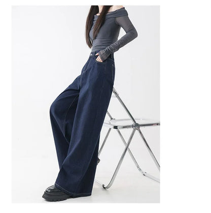 High Waist Straight Leg Loose Fit Denim Jeans Women's Floor Length Lazy Wide Leg Meat Concealing Deep Blue American Style Long P