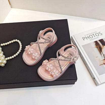Girls Princess Sandals Children Summer Beach Shoes Soft Bottom Anti-slippery Fashion Kids Flowers Rhinestone Sandals Size 23-36