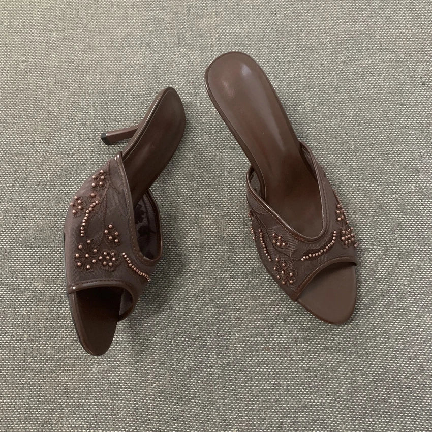 2026 Elegant Brown String Bead Mesh Embroider Slippers Women Summer Sexy Peep Toe High Heels Mules Sandals Luxury Designer Shoes