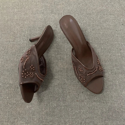 2026 Elegant Brown String Bead Mesh Embroider Slippers Women Summer Sexy Peep Toe High Heels Mules Sandals Luxury Designer Shoes