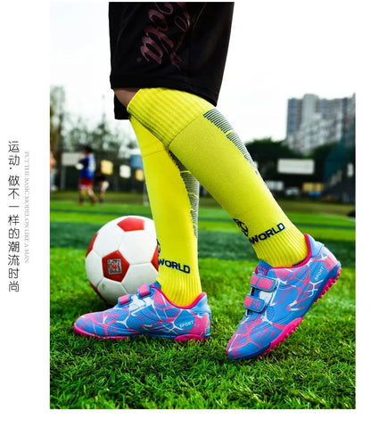 Kids Soccer Shoes Outdoor Non-Slip Football Sports Shoes Boy Training Shoes Child HOOK&LOOP Lightweight Children's Soccer Cleats