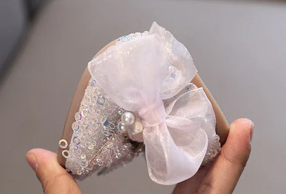 Toddler Girl's Princess Shoes Sequins Lace Bowknot 21-36 Children Mary Janes Three Colors Luxury Trendy Party Kids Shoes Flats