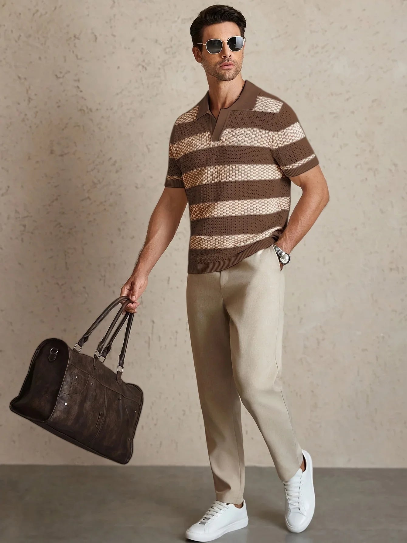 Daily Casual Mens Knitted Polo Shirts 2026 Summer Fashion Striped Contrast Color Knit Pullovers Men Stylish Turn-down Collar Top