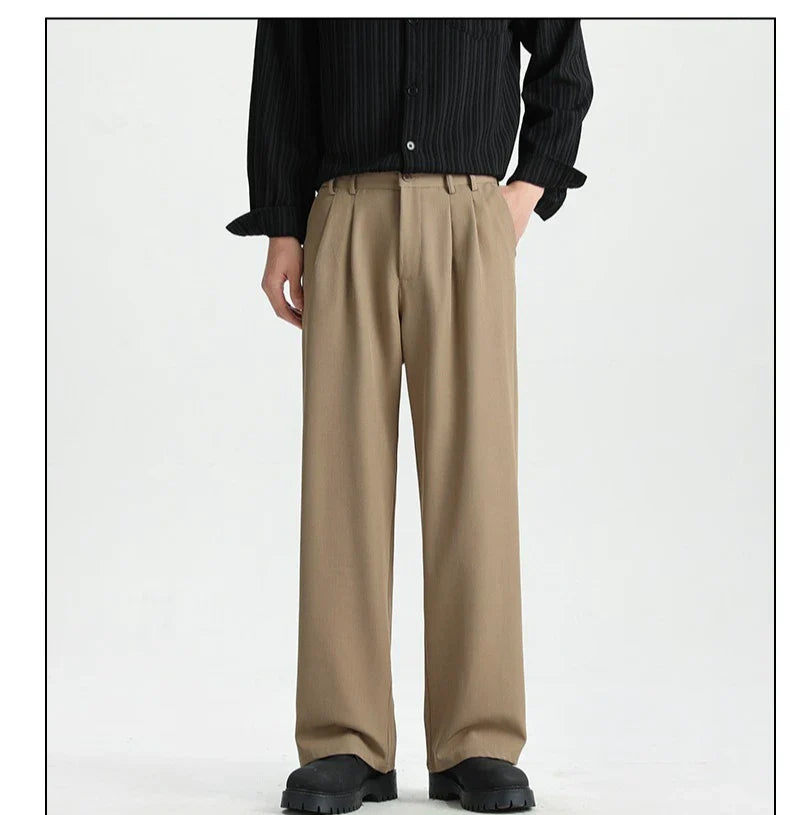 Spring New Loose Straight Pants Men Elastic Waist Double Pleats Wide Legs Casual Drape Fashionable Anti-wrinkle Trousers