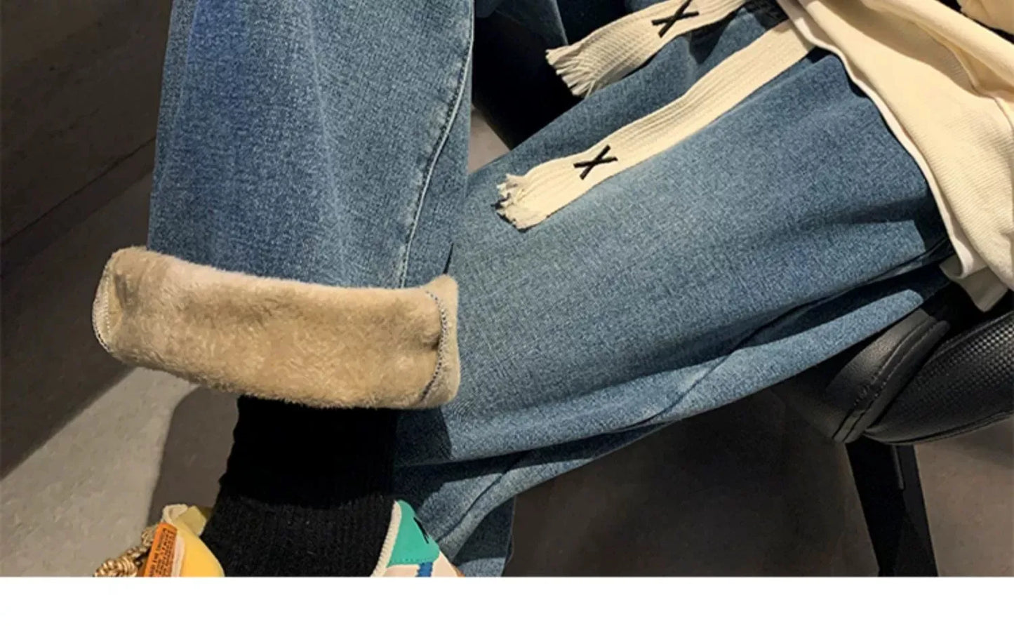 Thiened Fce Dstring Jeans Women's Winter New Sle Warm Straight Leg Loose Wide Leg High Waist Jeans Cotton Stretch D...