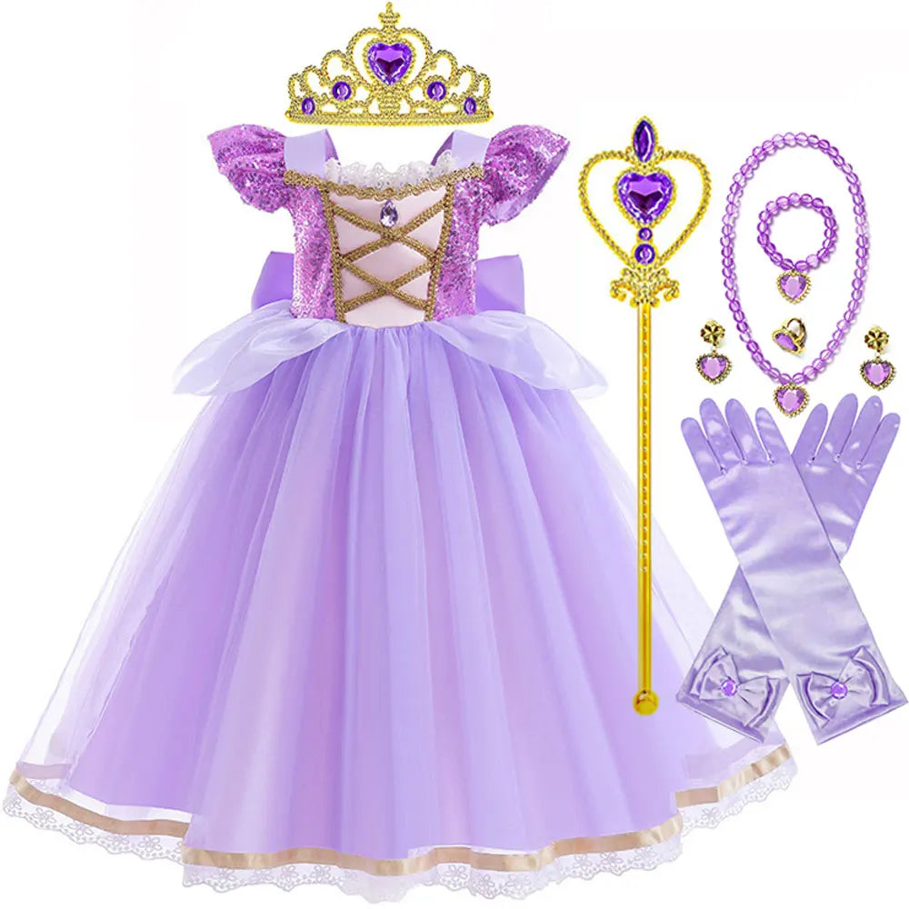 Short Sleeve Purple Puffy Dress + Accessories Girls Cosplay Rapunzel Summer Casual Dress Birthday Party Gift