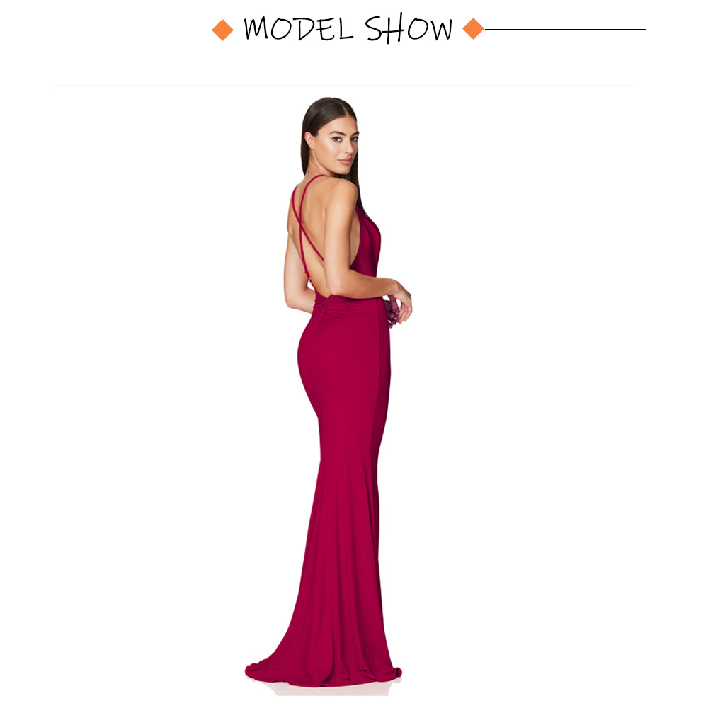 Cowl Neck Backless Cross Straps Split Stretch Bridesmaids Dress Wedding Guest Mermaid Sleeveless Slim Party Evening Gown