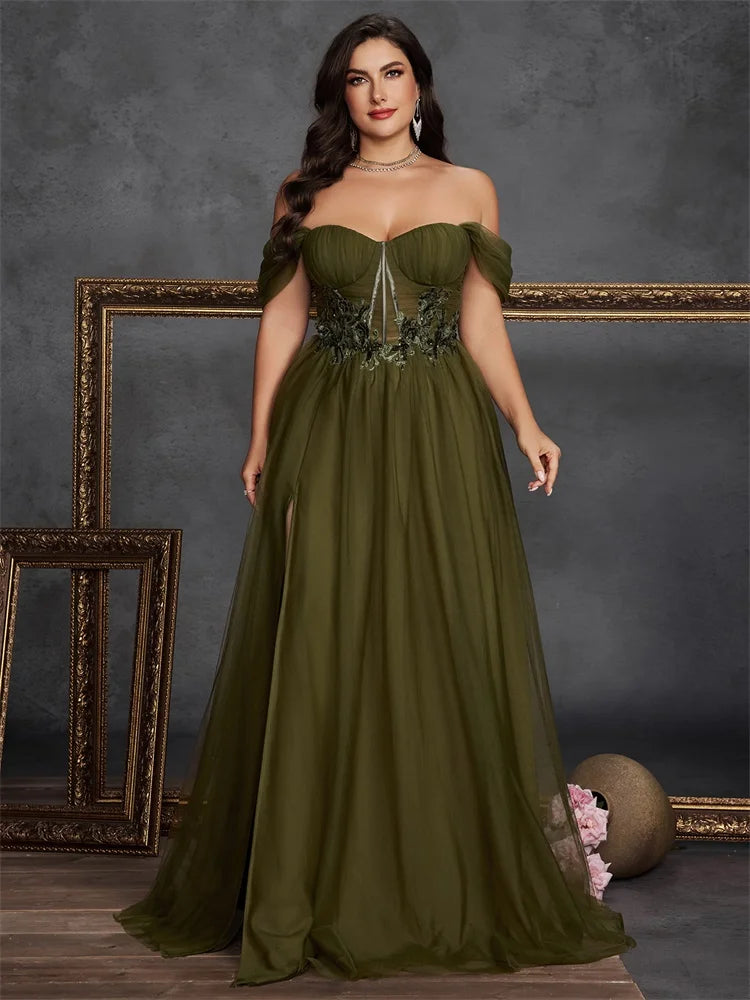 Plus Size Elegant Sleeveless Tulle Slit Evening Dresses Luxury off-the-shoulder Formal Bridesmaid Party Maxi Gowns