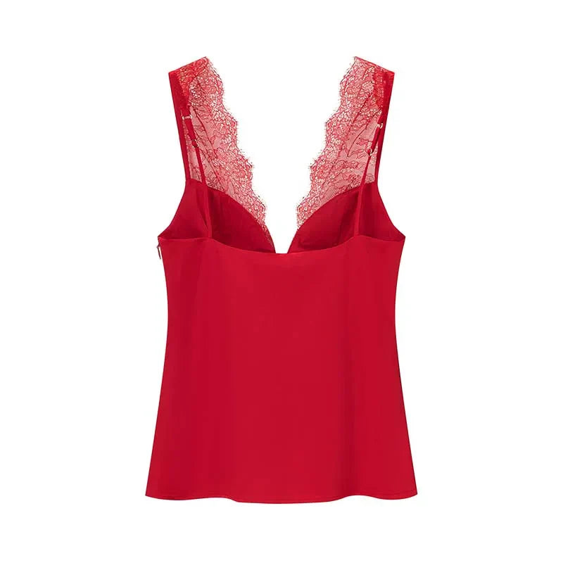 Black Satin Lace V-Neck Camisole Top for Women Cropped Y2k Harajuku Fashion Elegant Sleeveless Shirt Blouse Female