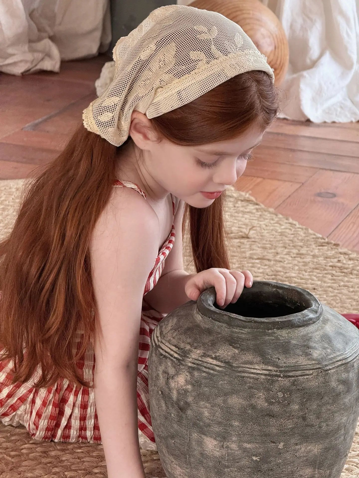2025 Summer New Children Fairy Long Dress for Girls French Red Checkered Lace Splicing Lace Strap Dress