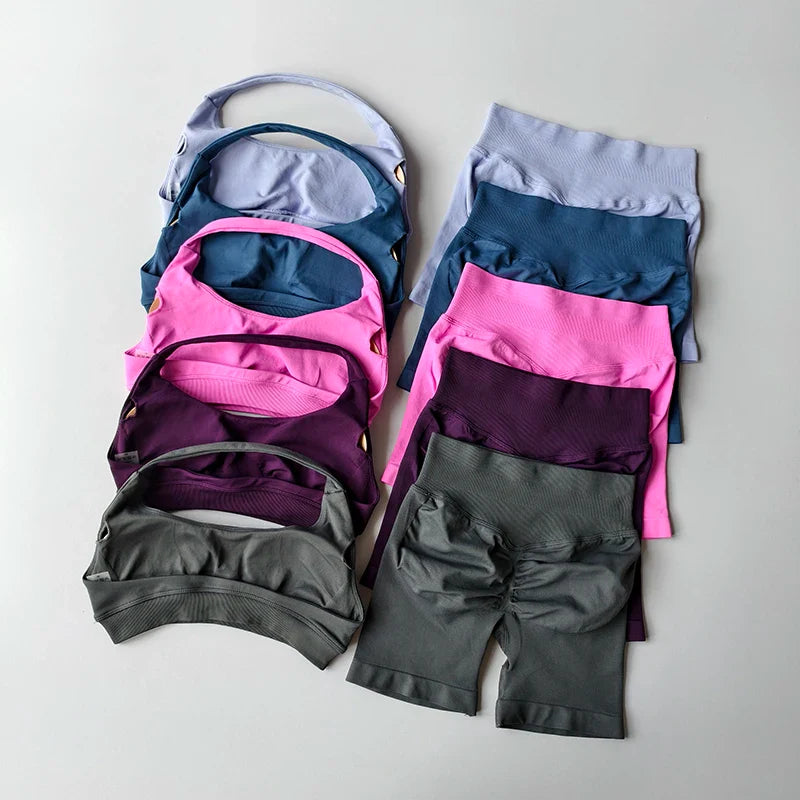 Sexy Halter Neck Beautiful Back High Waist Peach Sports Bras Shorts Suit Pilates Gathering Yoga Vest Training Fitness Bra Sets