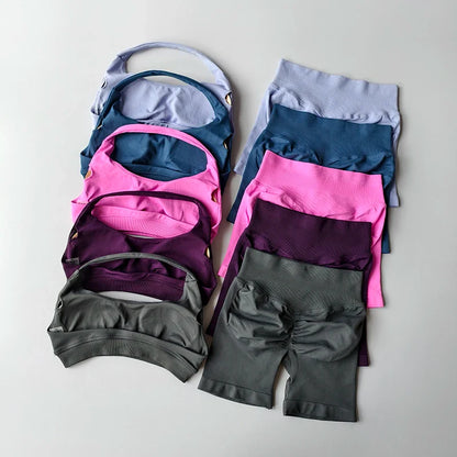 Sexy Halter Neck Beautiful Back High Waist Peach Sports Bras Shorts Suit Pilates Gathering Yoga Vest Training Fitness Bra Sets